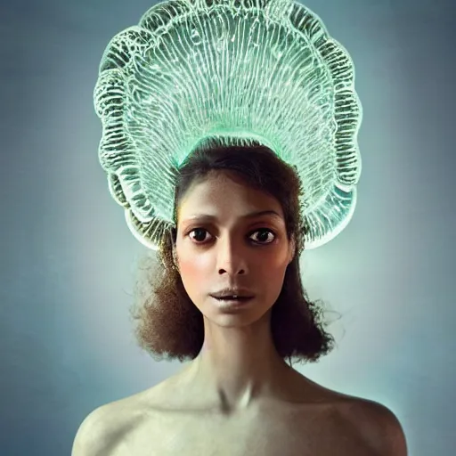 Image similar to a close - up shot of a brown woman wearing a luminous armor made of neon jelly fishes. extremely soft lighting. fragile. jellyfish arms. haunting eyes!! coherent face!! no makeup!! muted colors. by ray caesar. by louise dahl - wolfe. by andrea kowch. surreal photography