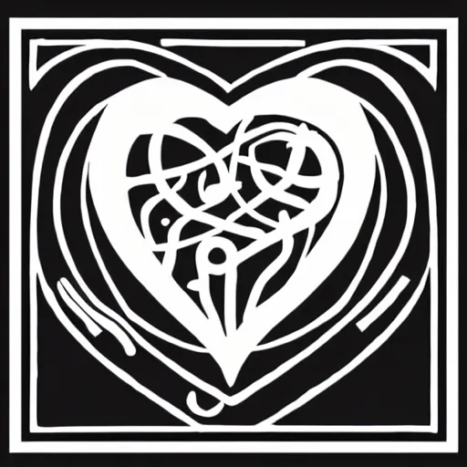 Image similar to clean black and white print, logo of a symmetric heart with a stylized symmetric gymnast human body form inside