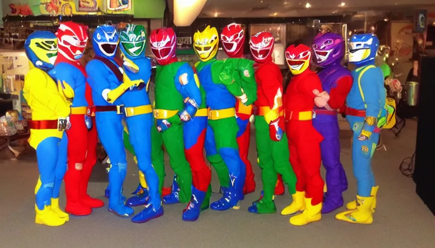 Image similar to sour patch kids, power rangers!! standing next to each other