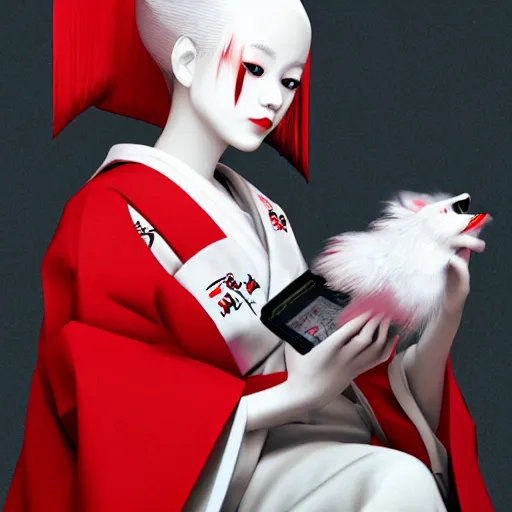 Prompt: young albino kitsune maiko playing gameboy by hiroaki samura, unreal engine octane, red highlights, portrait,detailed,