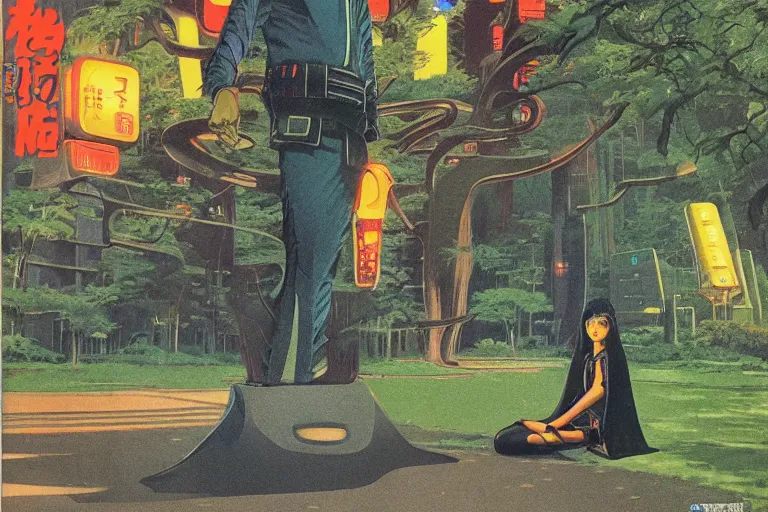 Image similar to 1979 OMNI Magazine Cover of a nature Druid elf At a Garden park in Neo-Tokyo in cyberpunk style by Vincent Di Fate