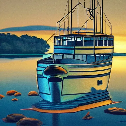 Prompt: artdeco river boat in the deep south, evening sun, intense lighting, hyper realistic,