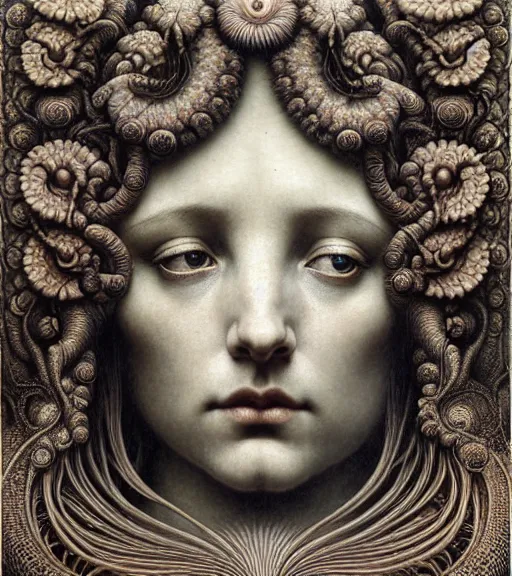 Image similar to detailed realistic beautiful day goddess face portrait by jean delville, gustave dore, iris van herpen and marco mazzoni, art forms of nature by ernst haeckel, art nouveau, symbolist, visionary, gothic, neo - gothic, pre - raphaelite, fractal lace, intricate alien botanicals, ai biodiversity, surreality, hyperdetailed ultrasharp octane render