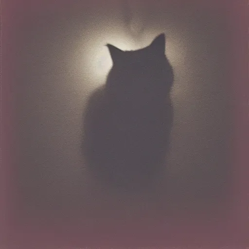 Prompt: black cloudy shadow of a cat, cuddly fur, blurry, mystical, misty, dreamy, shadow polaroid photo