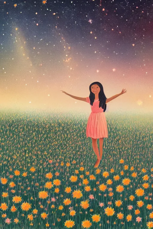 Image similar to illustration of a girl standing in a field of wild flowers gazing up to stars and milkyway, foreshortening