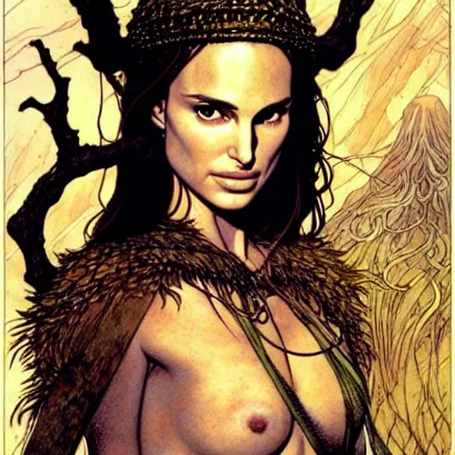 Image similar to a realistic, very beautiful and atmospheric portrait of a young natalie portman as a druidic warrior wizard looking at the camera with an intelligent but seductive gaze by rebecca guay, michael kaluta, charles vess and jean moebius giraud