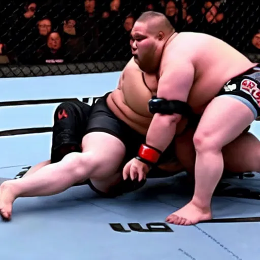 Image similar to robocop sumo wrestler getting body slammed in the ufc octagon