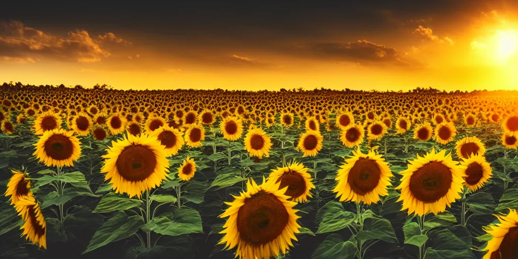 Prompt: a beautiful landscape photo of sunflowers looking at the sun, cinematic atmospheric golden hour