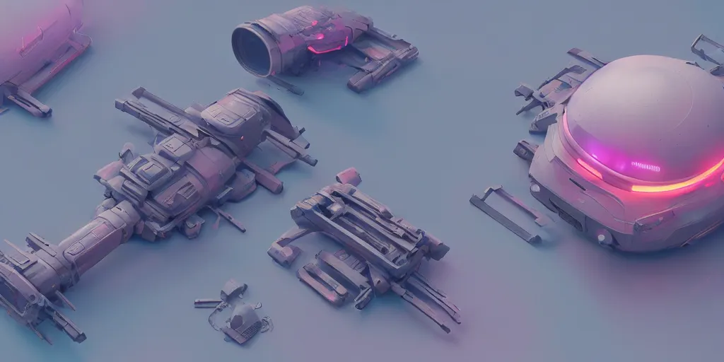 Prompt: hard surface shape form exploration, artstation, 8 k, sci - fi, pastel colors, props, panel, concept, simon stalenhag, insanely detailed