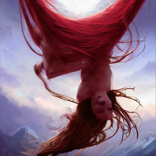 Image similar to a red haired goddess hanging upside down, long hair billowing down, intricate, elegant, highly detailed, digital painting, artstation, concept art, matte, sharp focus, illustration, in the style of magic the gathering