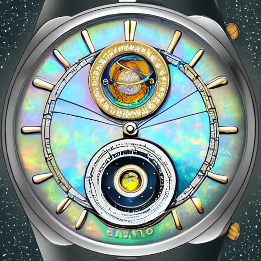 Image similar to detailed illustration of celestial watch from the far future with 3 7 descending dials and multiple glowing watch faces, mother of pearl opal, year 2 5 0 0, style of norman rockwell