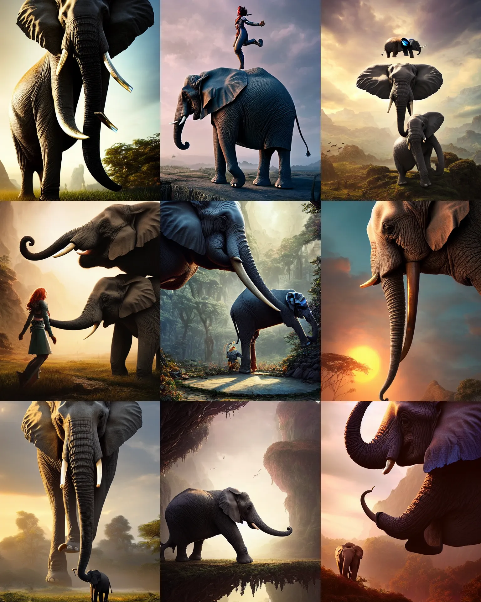 Prompt: elephant walking in the air, fantasy, intricate, epic lighting, cinematic composition, hyper realistic, 8 k resolution, unreal engine 5, by artgerm, tooth wu, dan mumford, beeple, wlop, rossdraws, james jean, marc simonetti, artstation