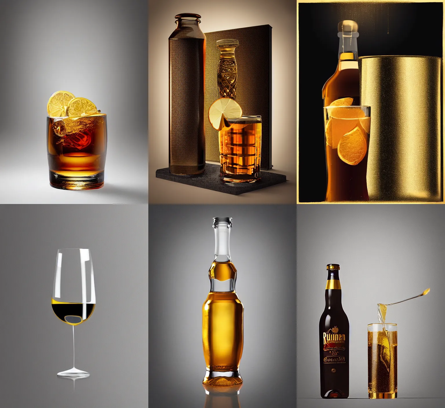 Prompt: “ golden rummer, wining, award, front, center, white background, render corona, redshift render, photorealistic, studio light, stock, bright ”