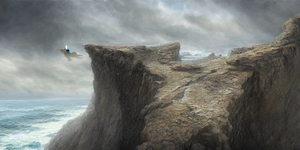 Prompt: cliff above the endless ocean by alan lee, intricate, highly detailed, digital painting, artstation, concept art, smooth, sharp focus, illustration, vfx
