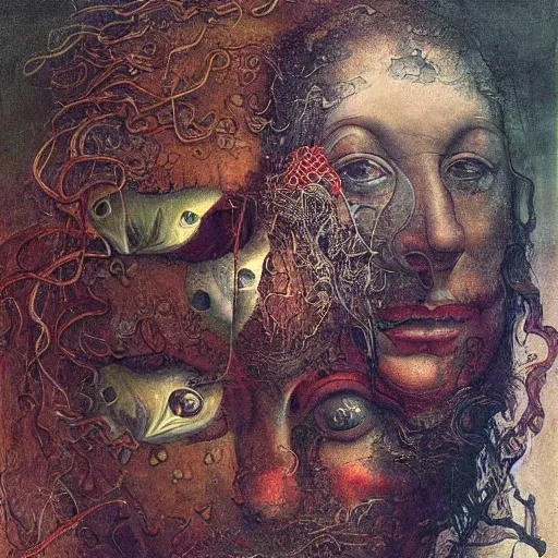 Image similar to an oil painting by botticelli, by arcimboldo, by yoshitaka amano, by beksinski seen through a kaleidoscope, detailed, high resolution