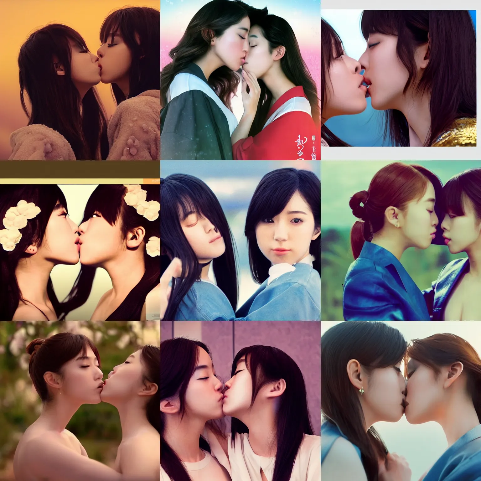 Image similar to unbelievably beautiful, perfect, dynamic, epic, cinematic 8 k hd movie shot, kiss of two japanese beautiful cute young j - pop idols actresses girls, they kiss each other. motion, vfx, inspirational arthouse, high budget, hollywood style, at behance, at netflix, with instagram filters, photoshop, adobe lightroom, adobe after effects, taken with polaroid kodak portra