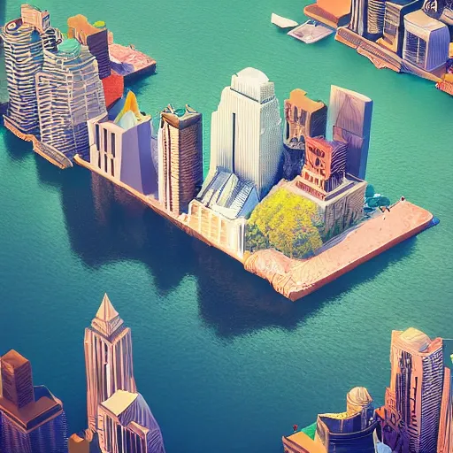 Image similar to floating new york city island in the sky, low poly, isometric art, 3d art, waterfall, high detail, artstation, concept art, behance, ray tracing, smooth, sharp focus, ethereal lighting