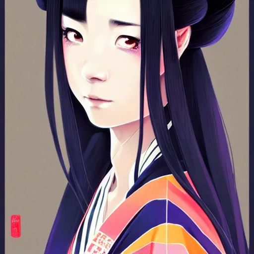 Image similar to beautiful girl with long black hair, wearing a kimono, japanese street, daytime, sharp focus, intricate, digital painting, artstation, official media, anime key visual, highly detailed, rich vivid colors, ambient lighting, illustration, art by Artgerm, Makoto Shinkai, Ilya Kuvshinov, Lois Van Baarle, and Rossdraws