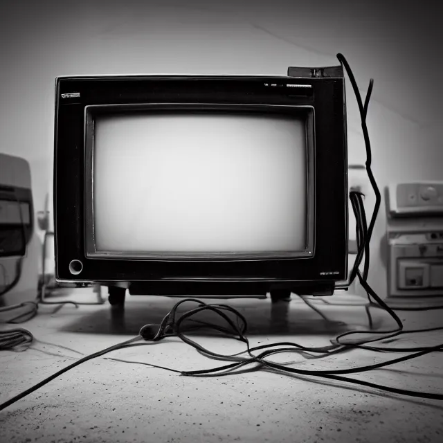 Prompt: an old TV in the middle of a clean laboratory room, centered, wires and rebar hanging from the TV, bleak lighting, obscure, high detail photography, vhs footage