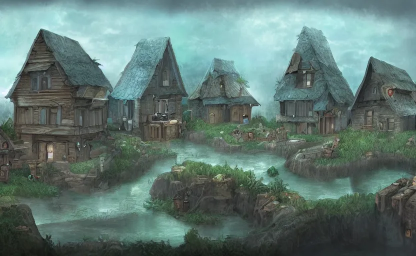 Prompt: Twinepunk, twinepunk village, concept art, detailed matte painting