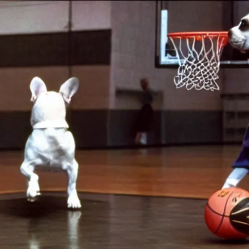 Image similar to a scene from airbud the movie, a white and brown french bulldog slam dunks a basketball