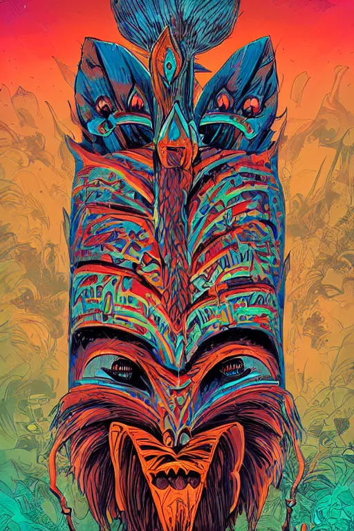 Image similar to totem animal tribal chaman vodoo mask feather gemstone plant wood rock video game illustration vivid color borderlands by josan gonzales and dan mumford radiating a glowing aura