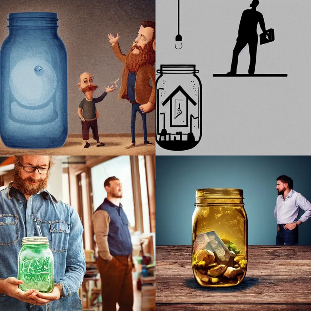 Prompt: A man standing inside of a mason jar while a giant peers at him, fantasy.