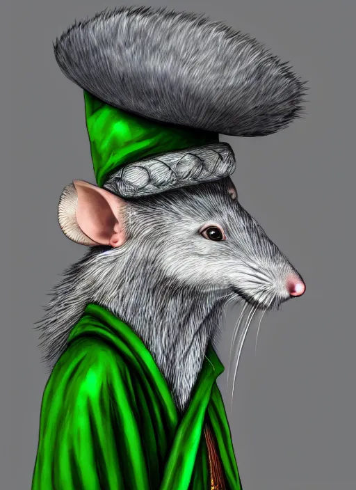 Prompt: gray rat standing on two legs, gray beard, wearing jewelry, green eyes, tricorne hat, green robe, D&D, digital art, realistic, trending on artstation, 4k, sea in the background