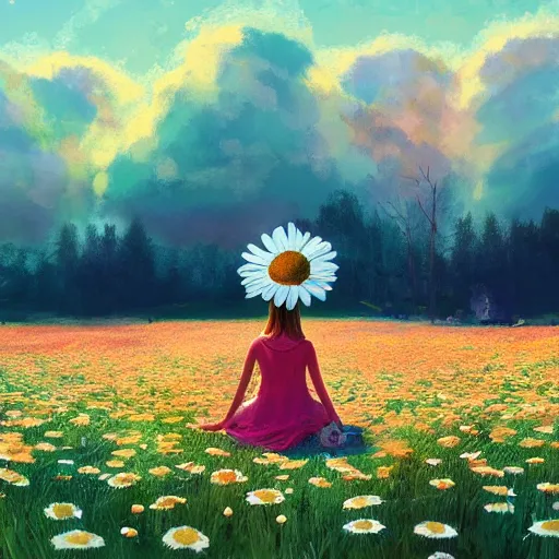 Image similar to giant daisy flower as head, girl sitting in a flower field, surreal photography, sunrise, dramatic light, impressionist painting, colorful clouds, digital painting, artstation, simon stalenhag