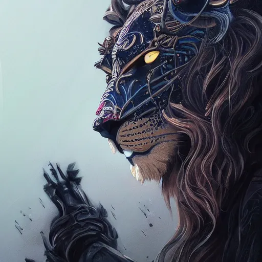 Image similar to Very very very very highly detailed epic zoom out photo of full face with lion rockstar venetian mask, intricate, dystopian, sci-fi, extremely detailed, digital painting, artstation, concept art, smooth, sharp focus, illustration, intimidating lighting, incredible art by Artgerm and Vincent di Fate