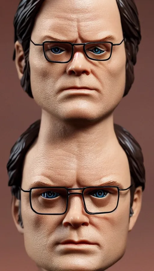 Prompt: hot toys figurine of dwight schrute, realistic, up close image, 1 / 1 6 th scale, unopened, listing image, hd