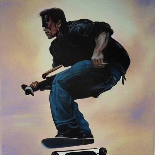 Prompt: A painting Arnold Schwarzenegger from terminator 1984 riding a skateboard smoking cigar, gloomy, action, ambient lighting,