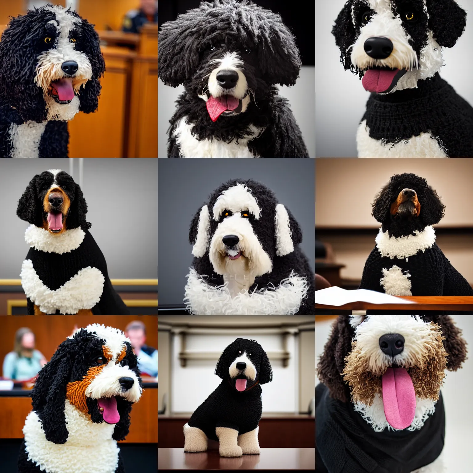 Prompt: a closeup photorealistic photograph of a smiling knitted bernedoodle judge dog dressed in a black gown, presiding over the courtroom. indoors, professional capture, well lit shot. this 4 k hd image is trending on artstation, featured on behance, well - rendered, extra crisp, features intricate detail, epic composition and the style of unreal engine.
