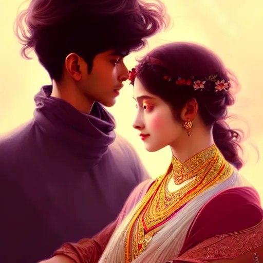 Image similar to portrait of beautiful young bengali romantic couple fantasy, intricate and very very beautiful and elegant, highly detailed, digital painting, artstation, concept art, smooth and sharp focus, illustration, art by tan zi and ayanamikodon and alphonse mucha and wlop