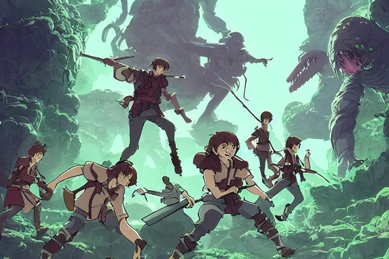 Image similar to cell shaded key visual of a group of adventurers being ambushed by monsters in a dungeon, in the style of studio ghibli, moebius, makoto shinkai,