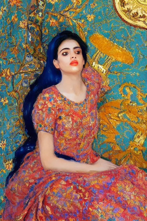 Image similar to gorgeous iranian girl wear detailed golden blue dress big tree palm pot and lay down on a detailed persian carpet, painting by john singer sargent