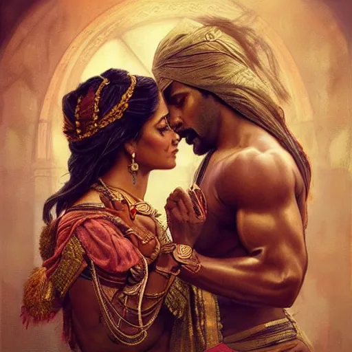 Image similar to portrait painting of dark muscular indian royal couple kissing, ultra realistic, concept art, intricate details, eerie, highly detailed, photorealistic, octane render, 8 k, unreal engine. art by artgerm and greg rutkowski and alphonse mucha
