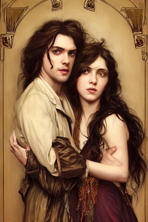 Image similar to a portrait of handsome young male rock star with long hair and his elegant beautiful bohemian wife, bored, illustration, dramatic lighting, soft details, painting oil on canvas, art nouveau, octane render, HDR, 4k, 8k, HD, by Edmund Blair Leighton, Brom, Charlie Bowater, trending on artstation, faces by Tom Bagshaw, Sargent