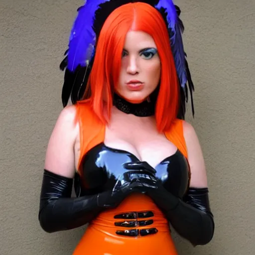 Image similar to Big bust witch in orange latex dress and gloves holding raven feather