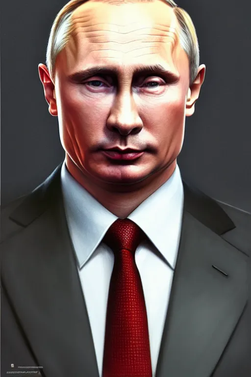 Image similar to vladimir putin with kim jong un hairstyle, realistic portrait, symmetrical, highly detailed, digital painting, artstation, concept art, smooth, sharp focus, illustration, cinematic lighting, art by artgerm and greg rutkowski and alphonse mucha