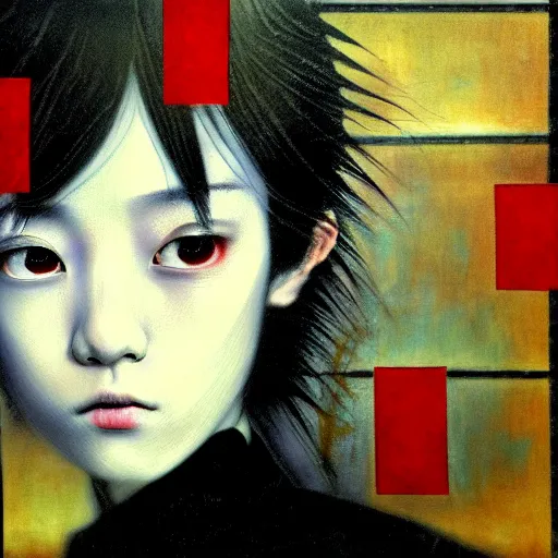 Image similar to yoshitaka amano blurred and dreamy realistic three quarter angle portrait of a young woman with short hair and black eyes wearing office suit with tie, junji ito abstract patterns in the background, satoshi kon anime, noisy film grain effect, highly detailed, renaissance oil painting, weird portrait angle, blurred lost edges