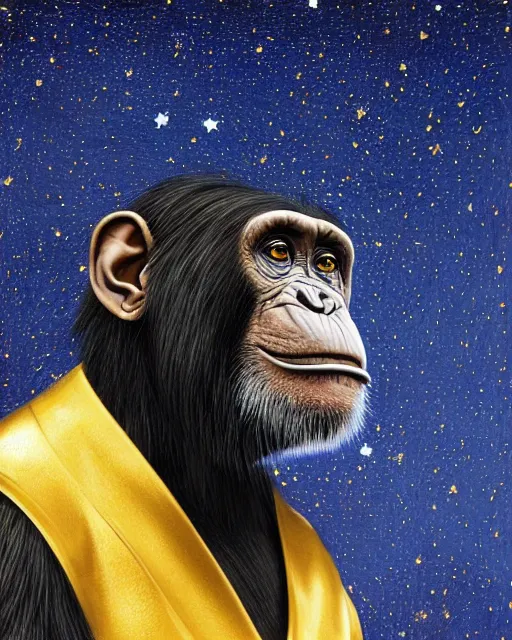 Image similar to blue, gold, very detailed high resolution illustration portrait of a chimpanzee, backlit, night covered in stars, 3 d, 8 k, extremely detailed, artstation, award winning, sharp focus, illustration