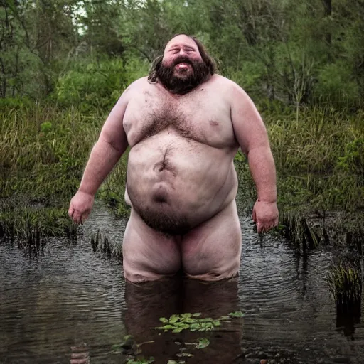 Image similar to hideous ugly hairy greasy glistening dirty horrible man with many folds of fat and bagwings, standing in a swamp, dramatic shadows, beautiful imagery, high quality, award - winning photograph