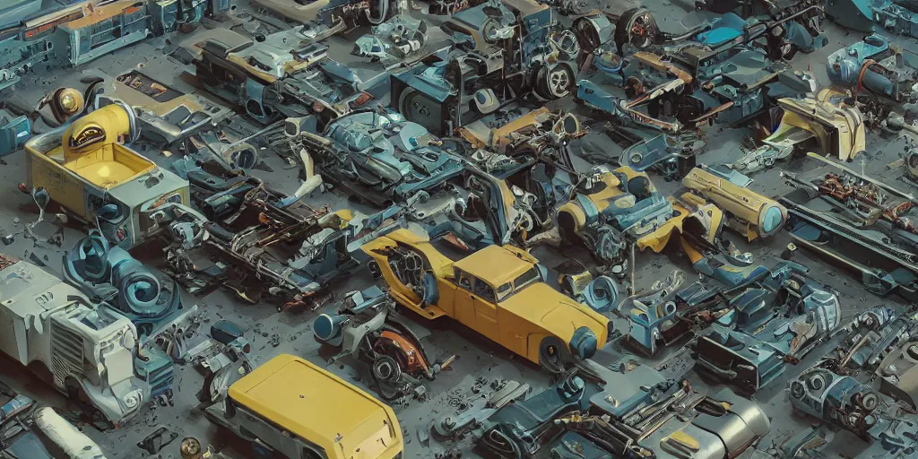 Image similar to collection of exploration of form and shapes, props, hard surface, panel, simon stalenhag, kitbash, items, gadget, big medium small, close up, vehicles, futuristic, parts, machinery, greebles, insanely detailed, case, hardware, golden ratio, wes anderson color scheme