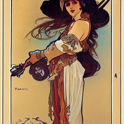 Prompt: female pirate, painted by alphonse mucha