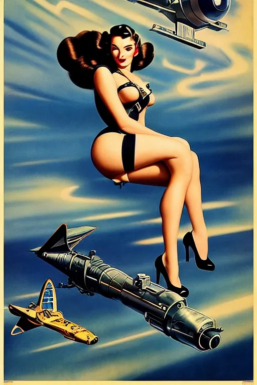 Prompt: beautiful retro space megan fox varga girl sitting on a rocket in diesel punk city, windblown dark hair, retro pinup model, seductive, 1 9 4 0, glamour pose, intricate, smoke, hyper detailed, digital art, smooth, sharp focus, alberto vargas, gil elvgren, greg rutkowski, propaganda poster