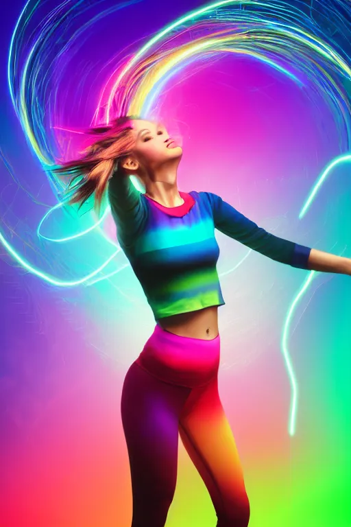 Image similar to a award winning half body portrait of a beautiful woman with stunning eyes in a croptop and leggings with reinbow colored ombre hairstyle head in motion and hair flying while dancing by thomas danthony, surrounded by whirling illuminated lines, outrun, vaporware, shaded flat illustration, digital art, trending on artstation, highly detailed, fine detail, intricate