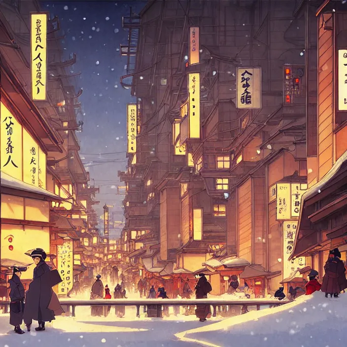 Image similar to japanese big city, winter, in the style of studio ghibli, j. c. leyendecker, greg rutkowski, artem