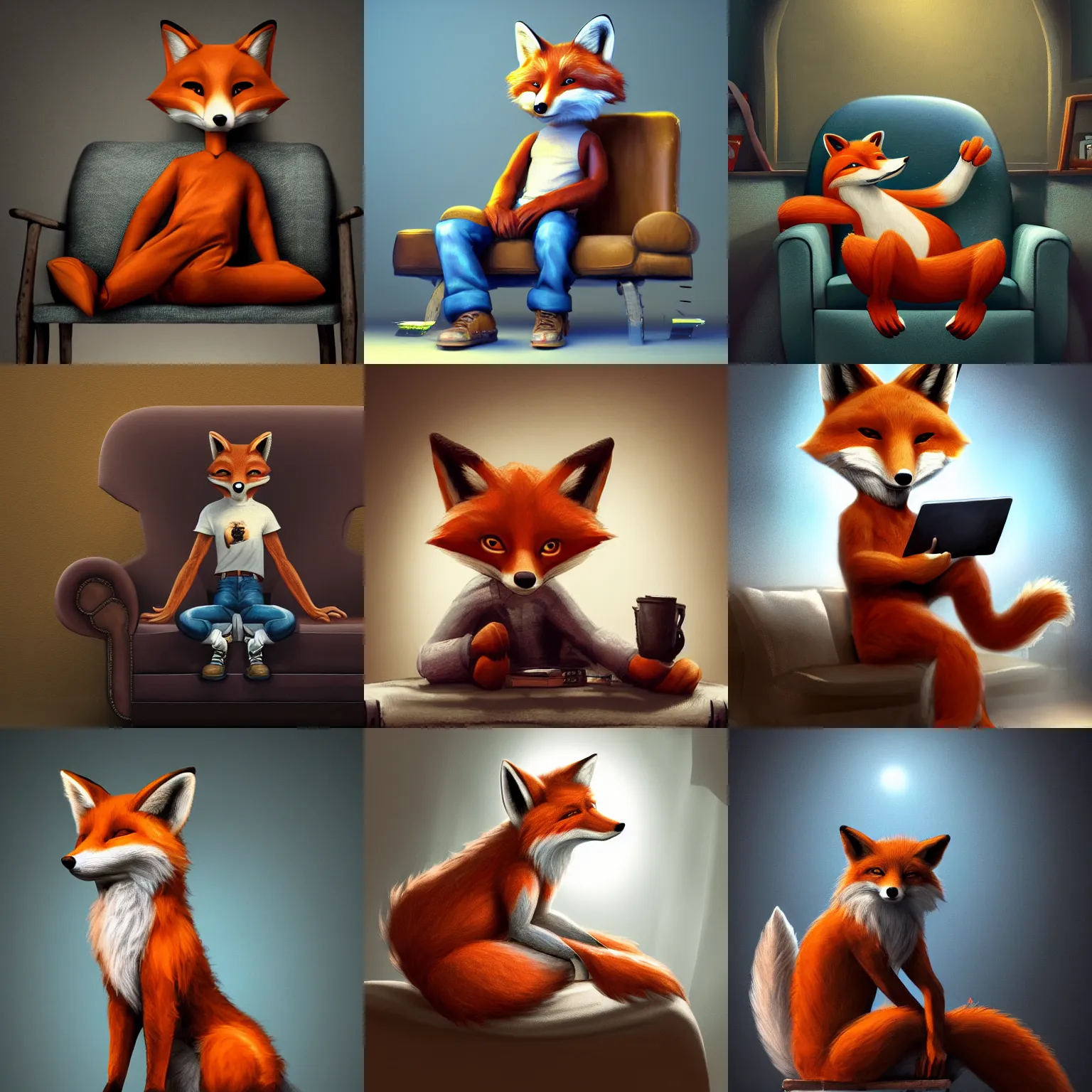 Prompt: an anthropomorphic fox wearing a t-shirt and jeans sitting on a couch, 8k resolution matte fantasy painting, cinematic lighting, DeviantArt, Artstation