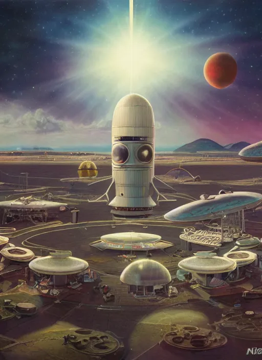 Prompt: highly detailed wide - angle portrait of a retro 1 9 6 0 s spaceport, nicoletta ceccoli, mark ryden, lostfish, earl nore, hyung tae, frank frazetta, global illumination, god rays, detailed and intricate environment